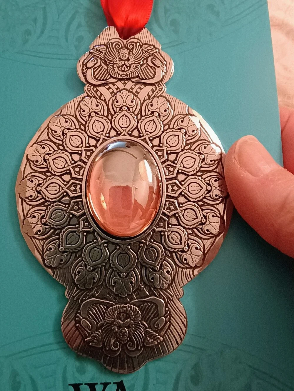 Wendell August Forge Handcrafted Metal Medallion Ornament with Peach Cabochon Ce